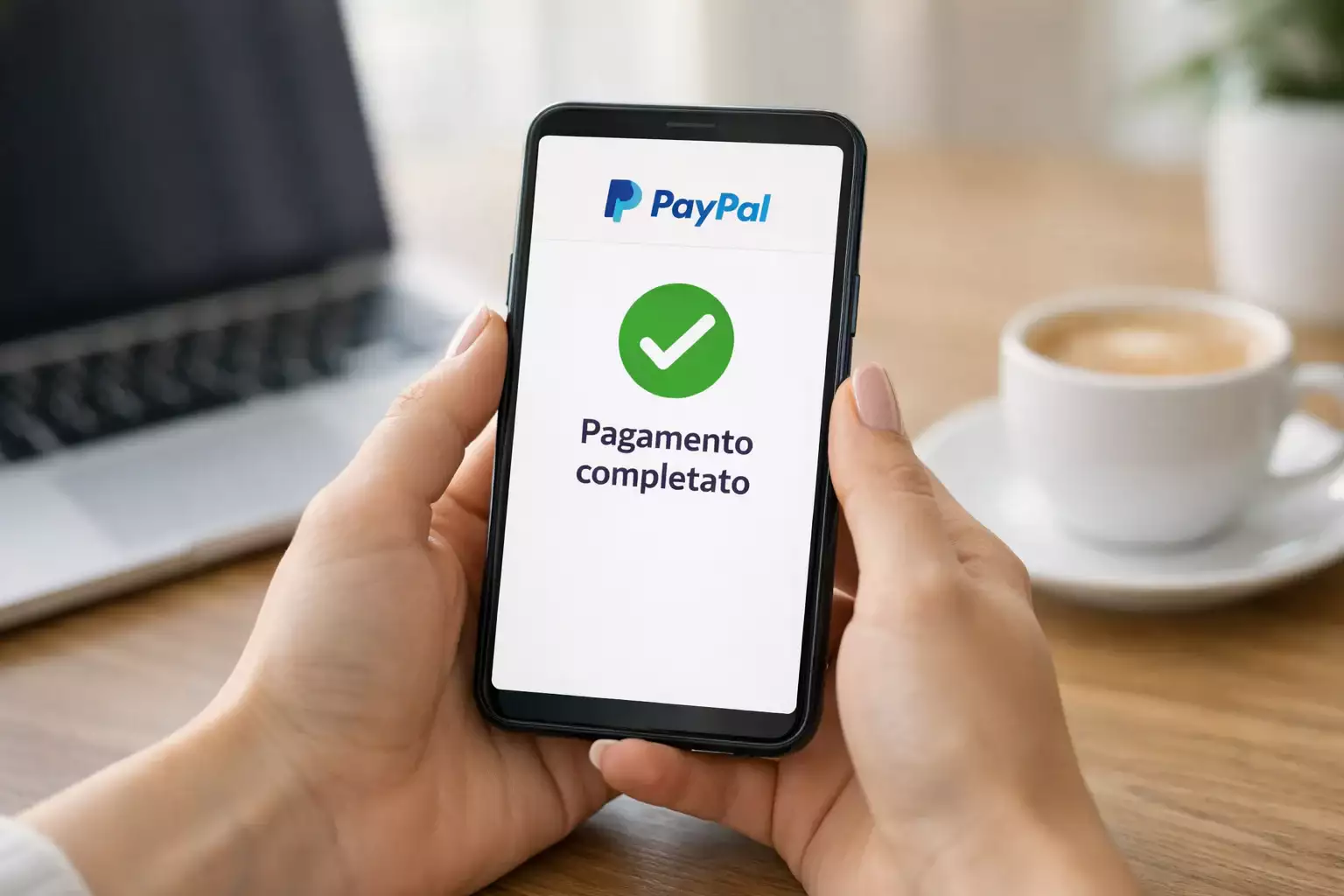 Mani che tengono smartphone con notifica di pagamento completato, scrivania ordinata con laptop