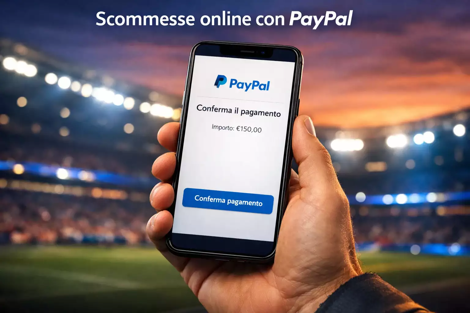 Smartphone con app PayPal aperta su schermata di pagamento, sfondo sfocato di stadio sportivo con luci serali