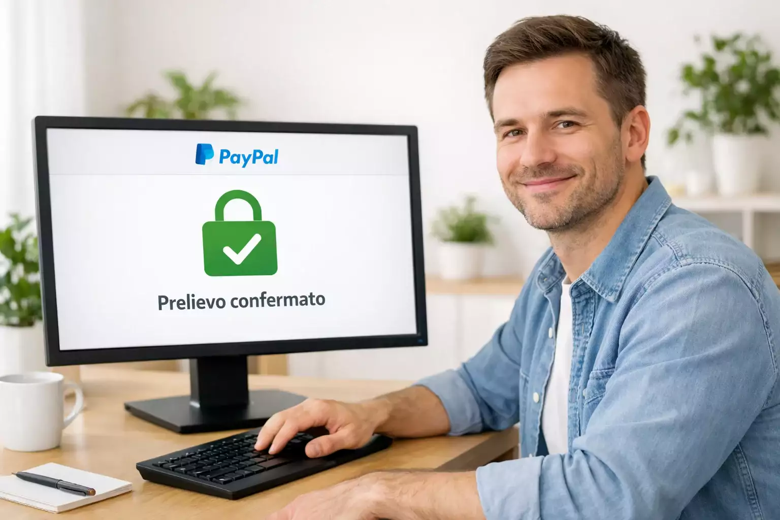 Persona sorridente al computer che visualizza conferma prelievo, ambiente domestico luminoso