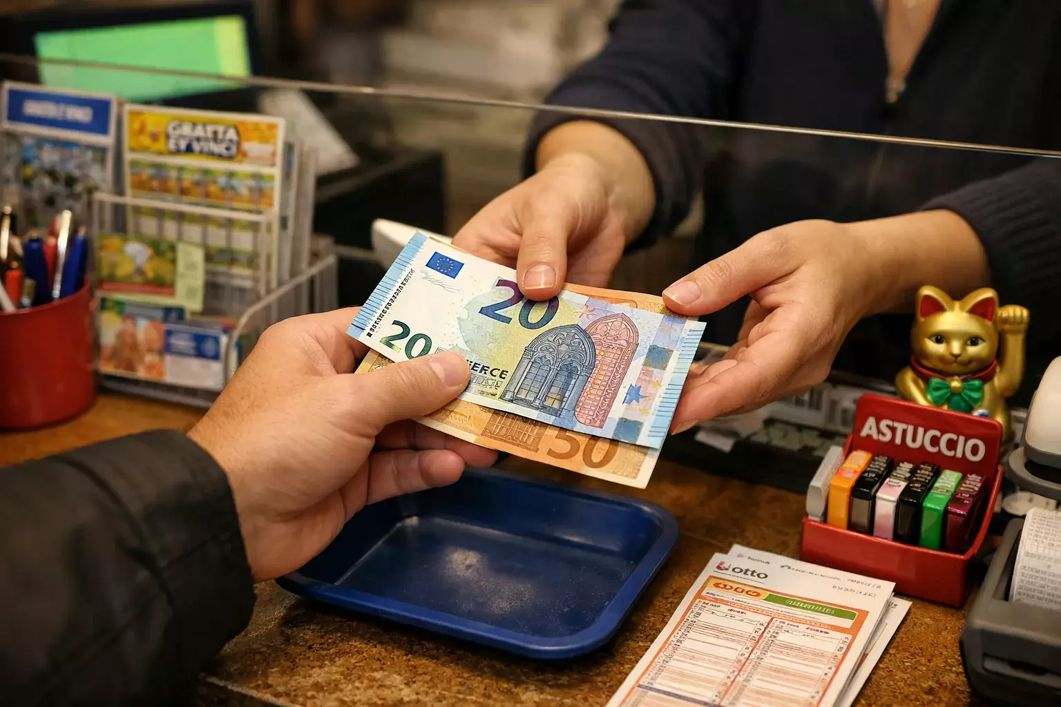 Mano che porge banconote a operatore dietro bancone di tabaccheria