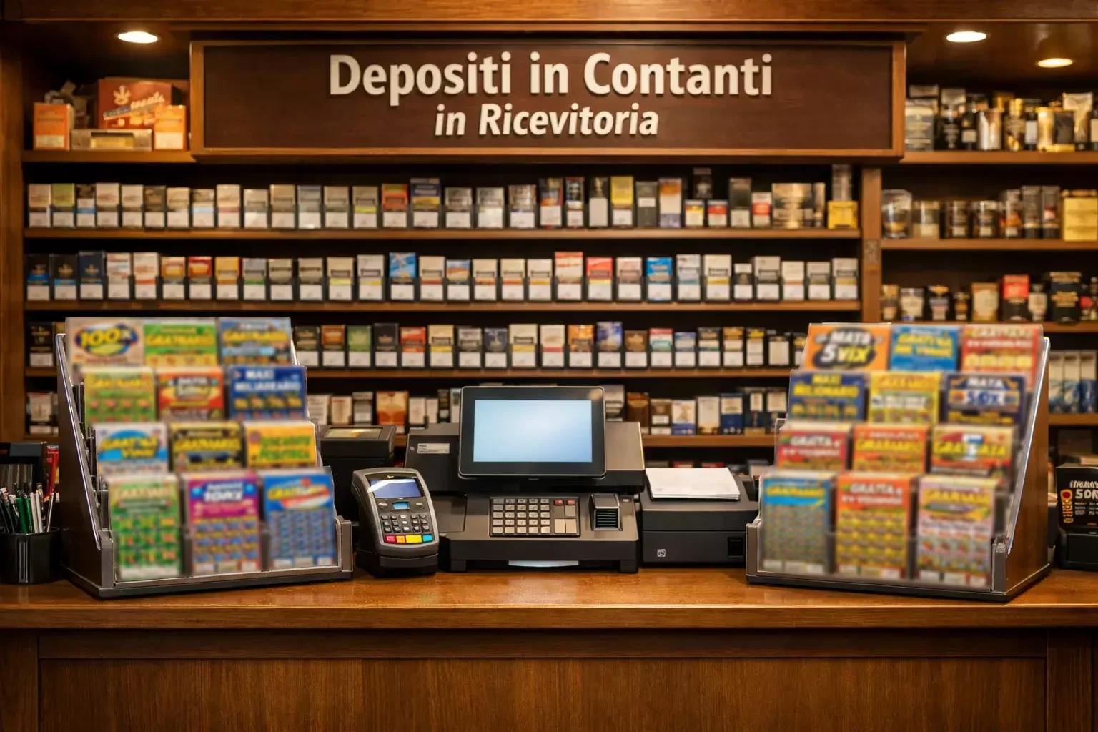 Interno di ricevitoria italiana con banco e terminale Sisal, atmosfera quotidiana autentica
