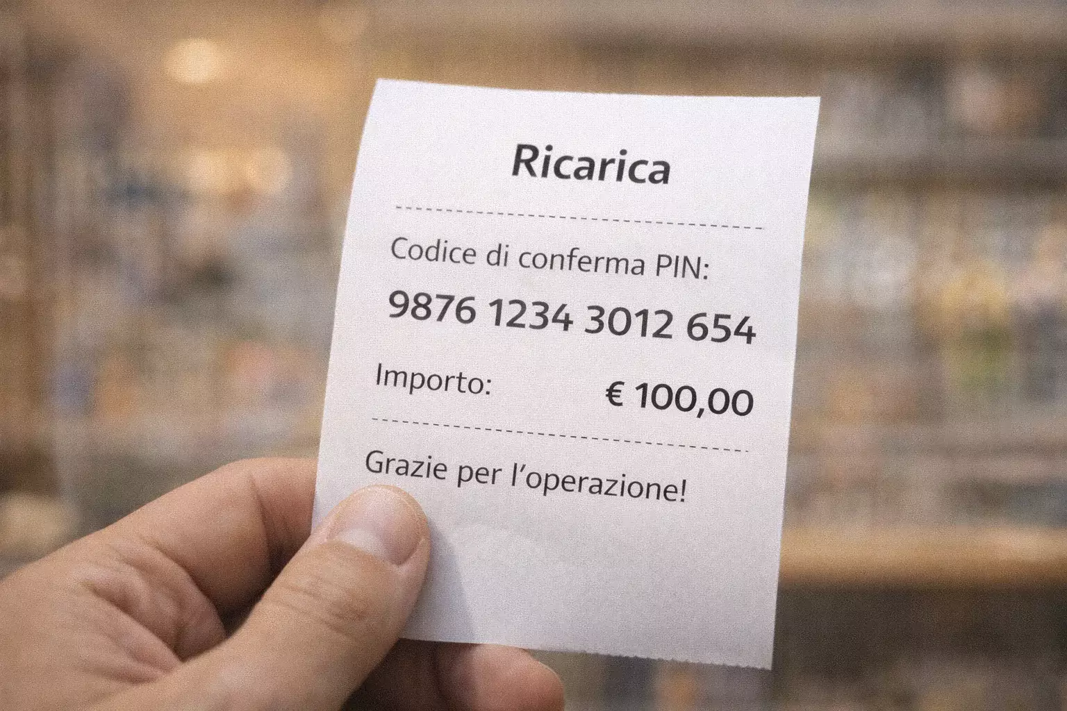 Scontrino di ricarica con codice di conferma, sfondo sfocato di punto vendita