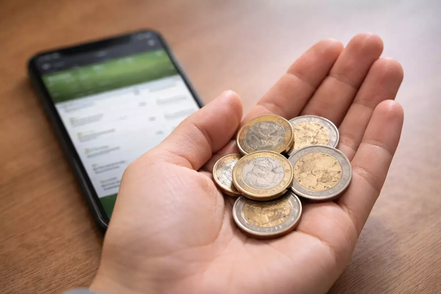 Mano che tiene poche monete euro con smartphone sullo sfondo