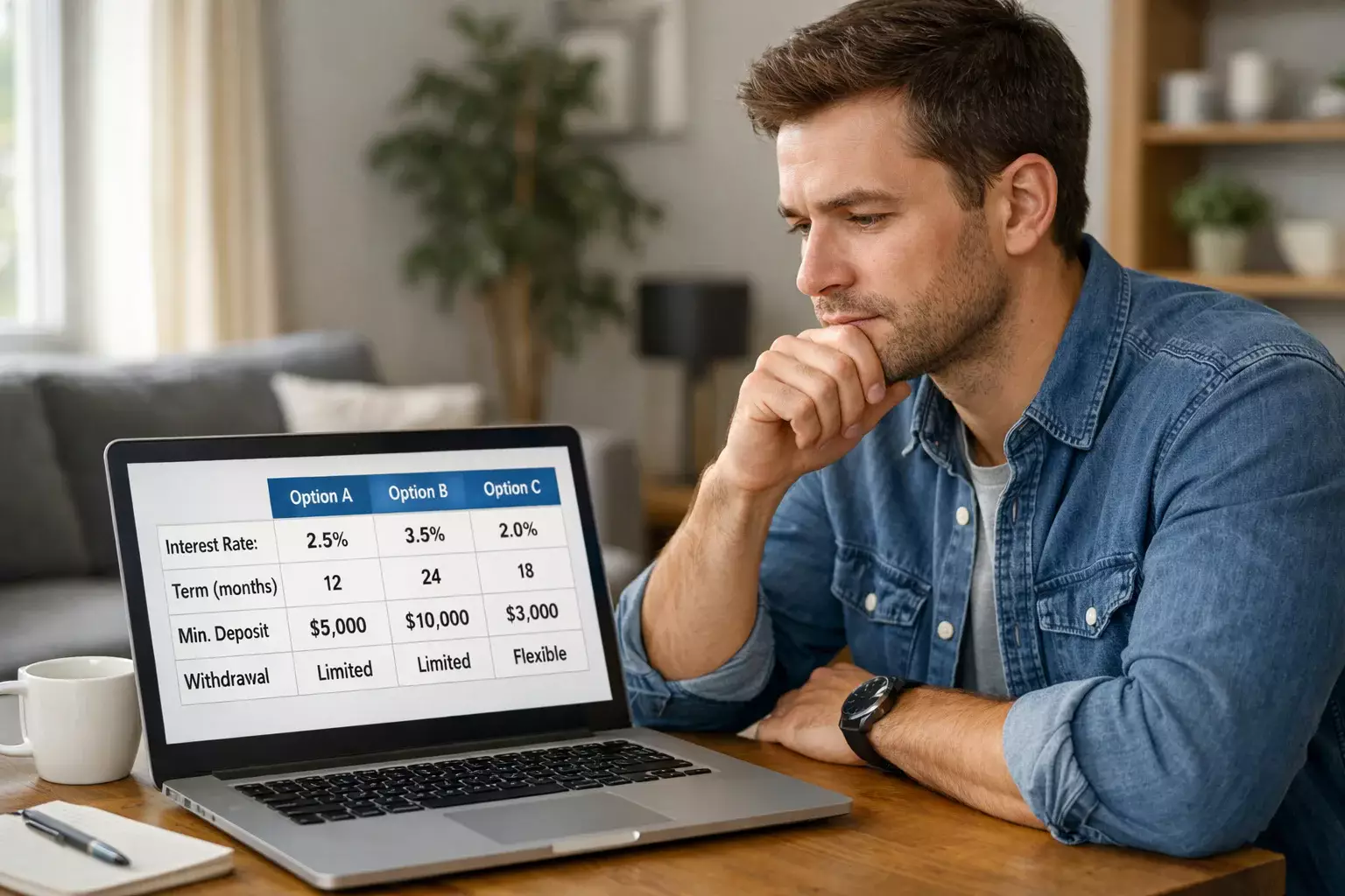 Persona pensierosa davanti a laptop che confronta opzioni su schermo