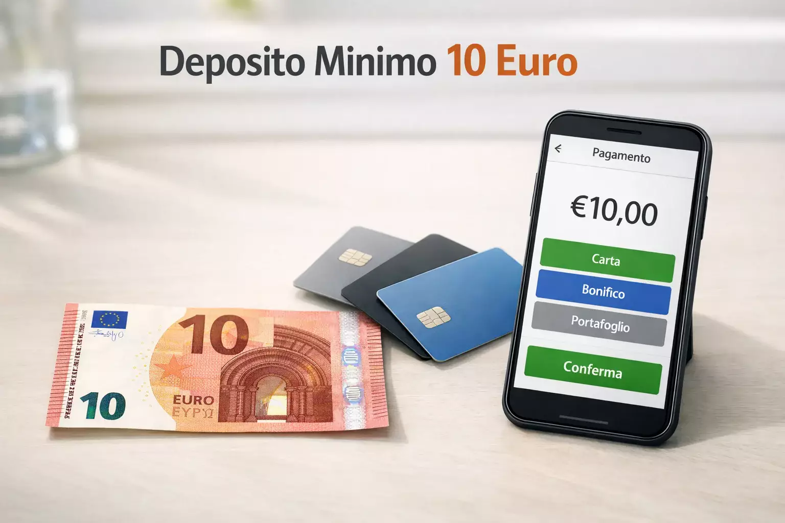 Banconota da 10 euro su tavolo con carte di pagamento e smartphone