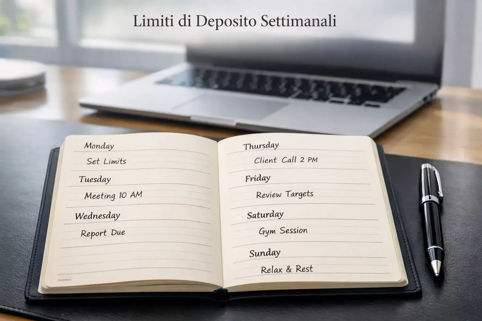 Agenda settimanale aperta su scrivania con penna e laptop sullo sfondo