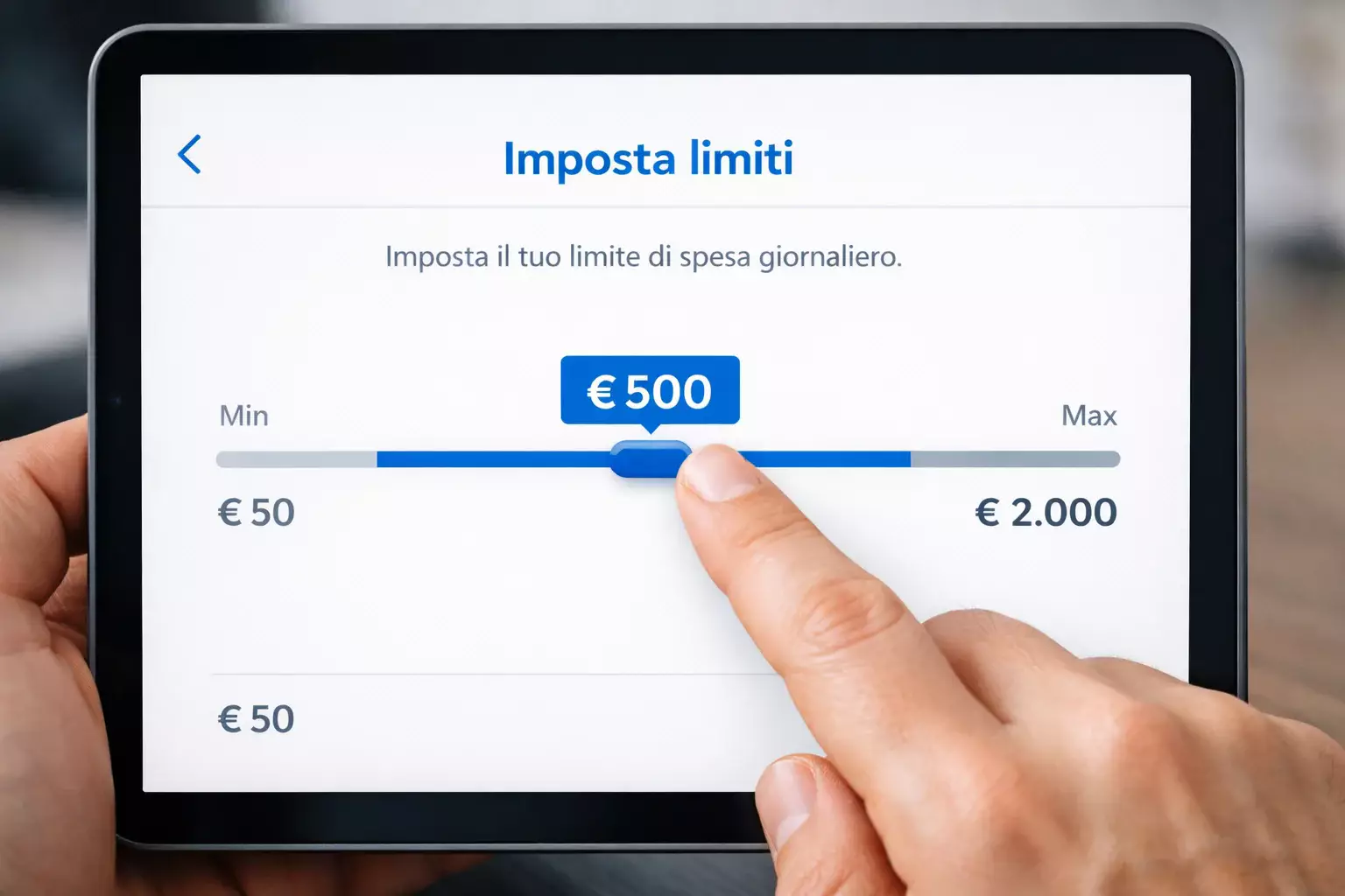 Schermata impostazioni con slider per modifica limiti su interfaccia chiara