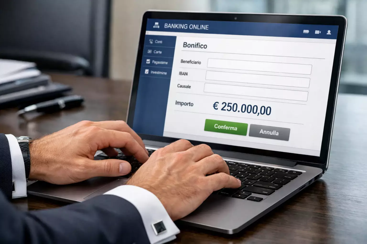 Mani di professionista che digita su laptop con interfaccia bancaria