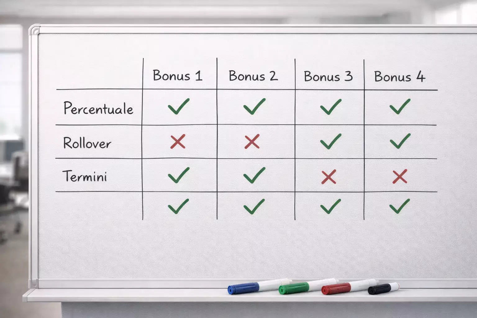 Tabella comparativa su lavagna bianca con checkmark verdi