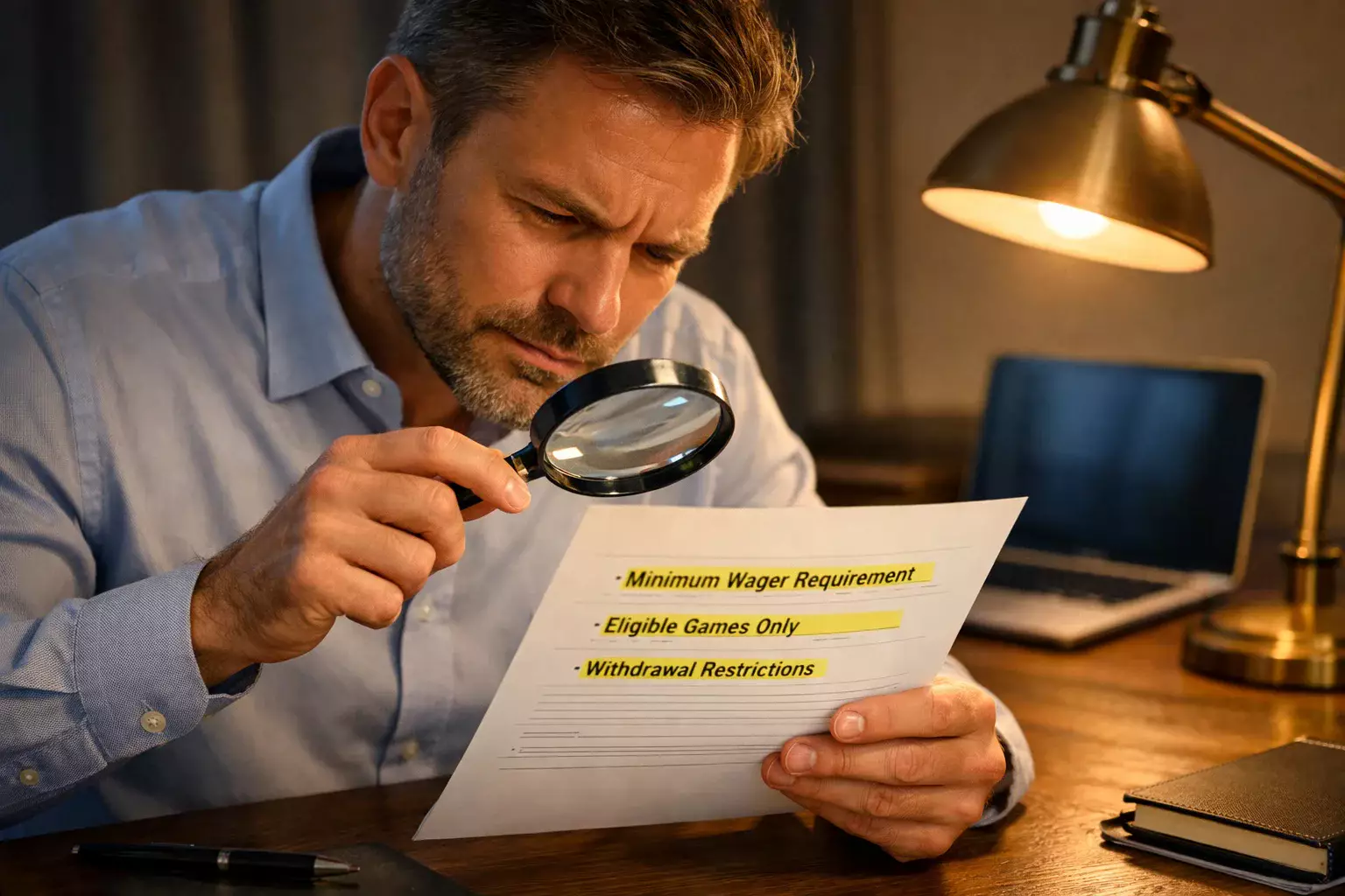 Persona che legge documento con lente di ingrandimento, attenzione ai dettagli