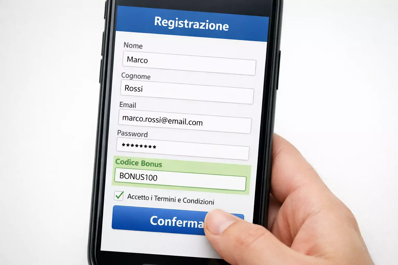Schermata di registrazione su smartphone con campo bonus evidenziato
