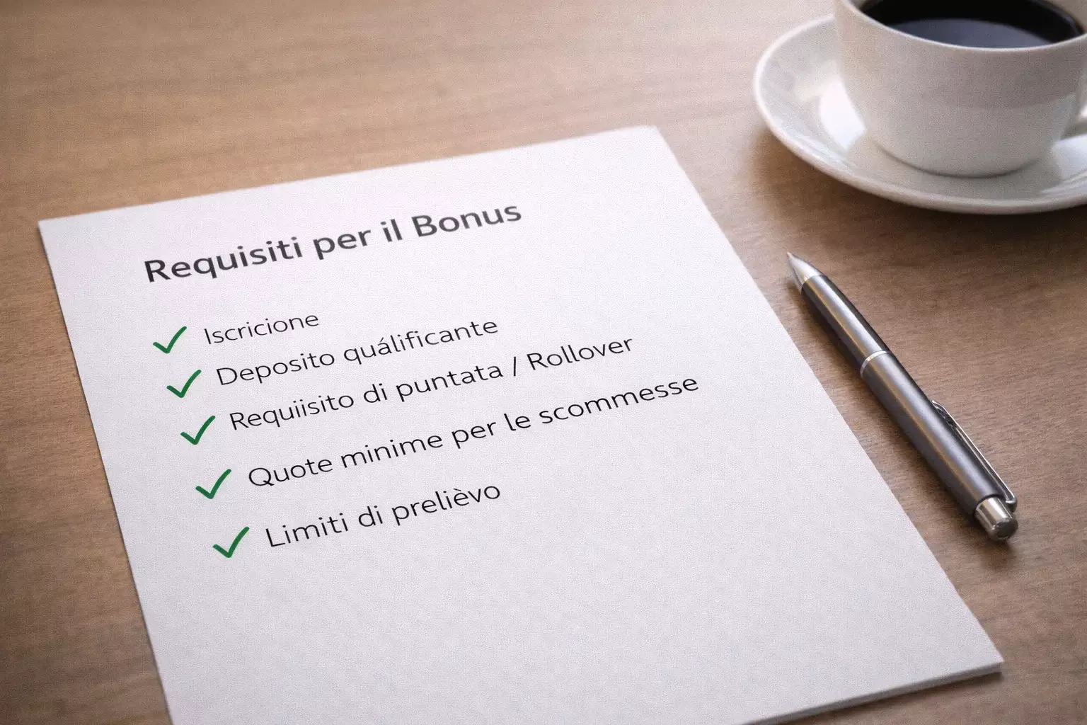 Documento con lista requisiti e penna su scrivania ordinata