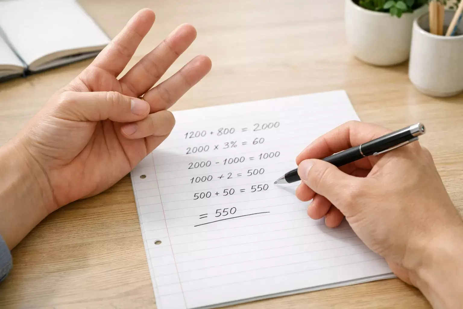 Mani che contano con dita sopra foglio con numeri, calcolo semplice