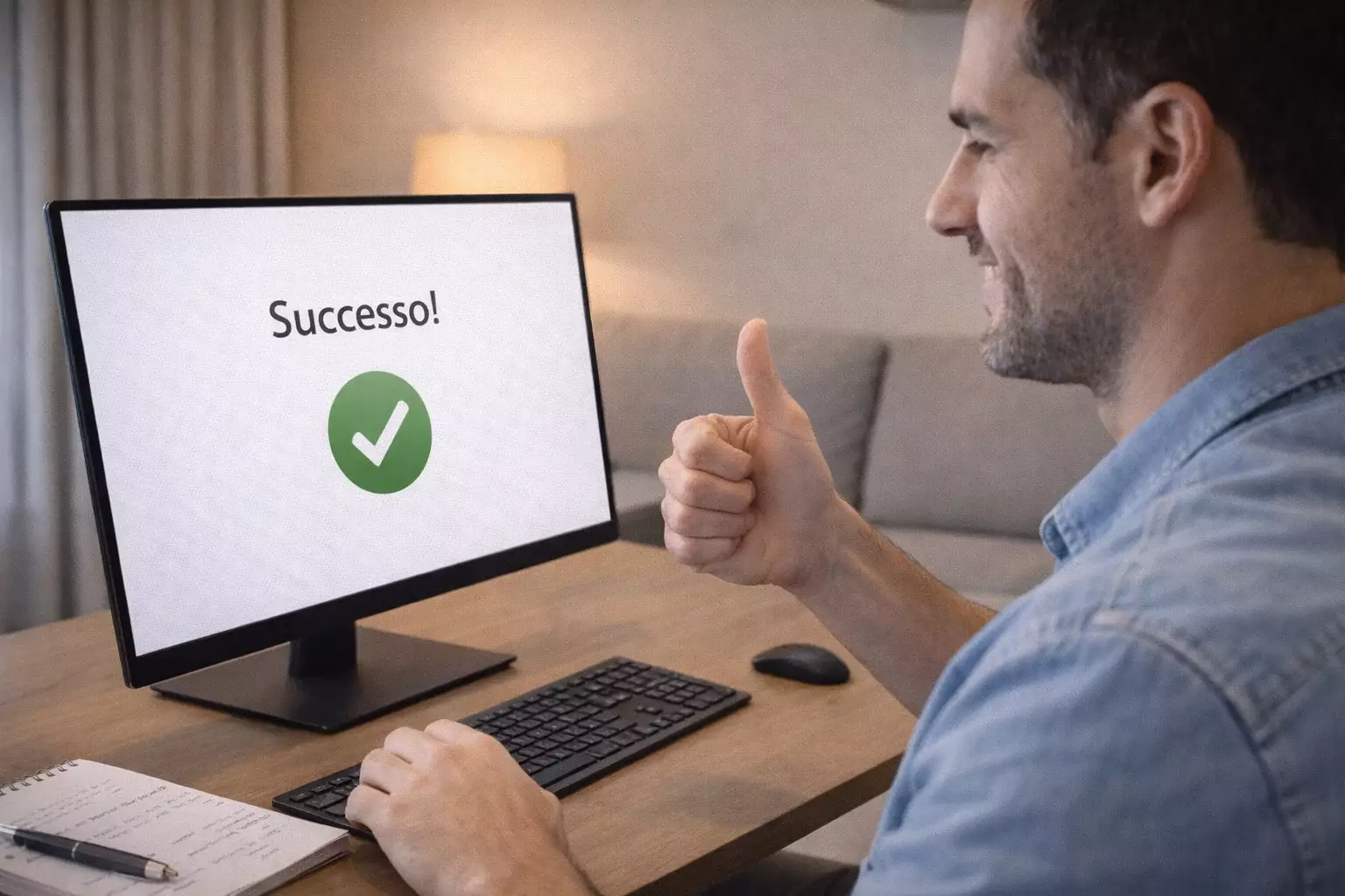 Persona soddisfatta davanti a computer con pollice alzato