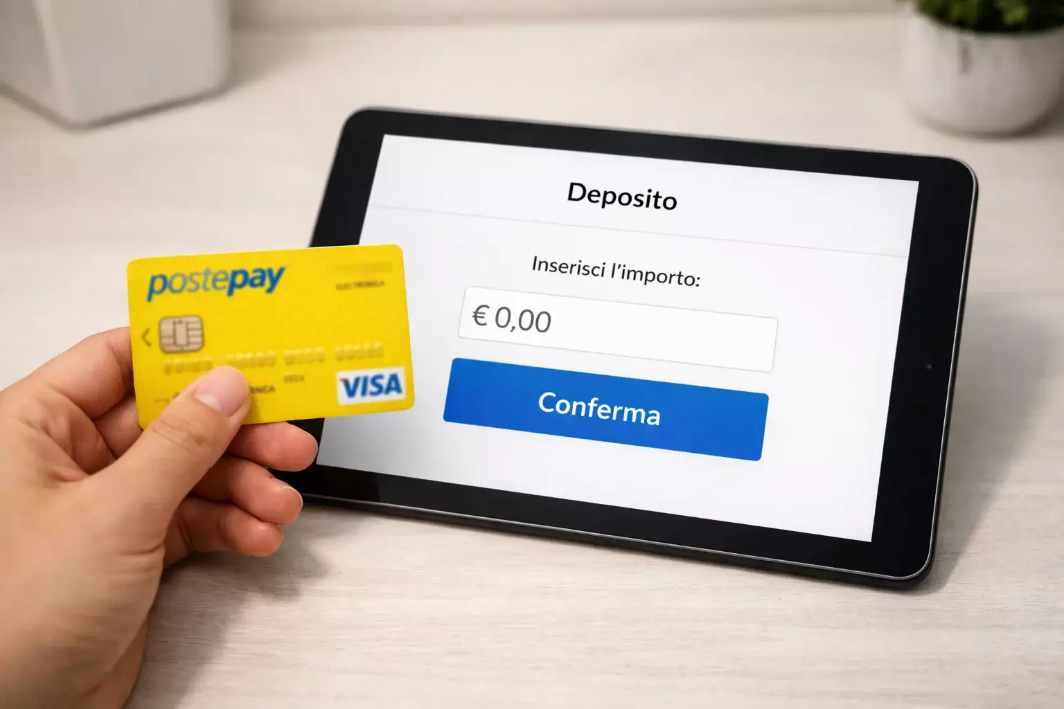 Mano che inserisce carta prepagata in POS digitale su tablet, ambiente moderno luminoso