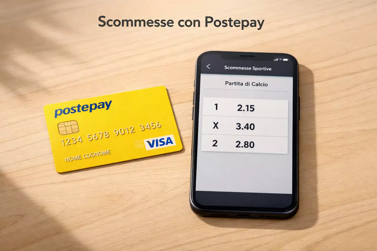 Carta Postepay gialla su tavolo di legno accanto a smartphone con app scommesse aperta, luce naturale