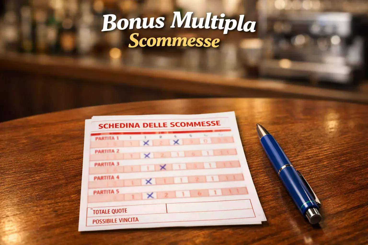 Schedina scommesse cartacea con penna su tavolo di bar italiano