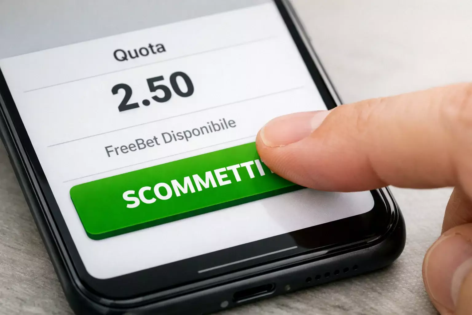 Dito che preme pulsante di conferma su smartphone con scommessa