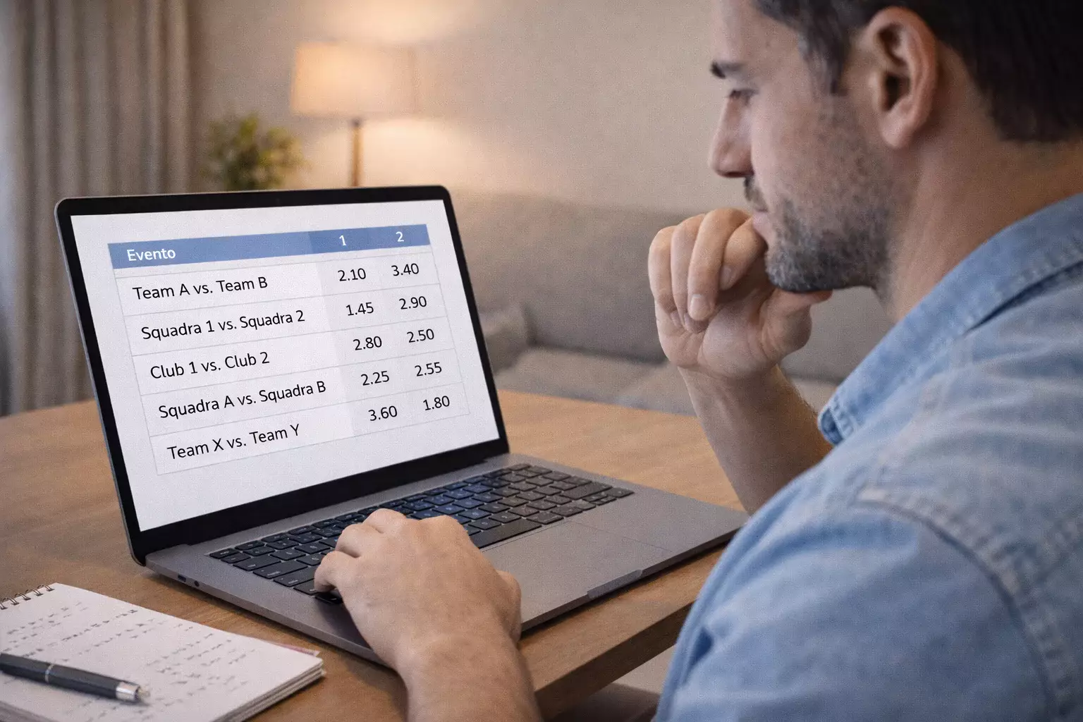 Persona che analizza quote su laptop con espressione concentrata