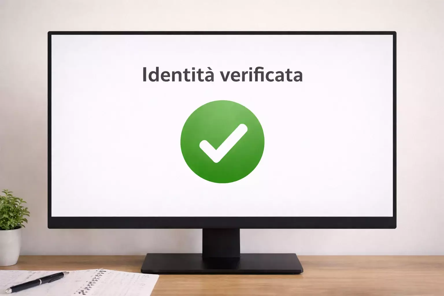 Badge verificato verde su schermo con identit&agrave; confermata
