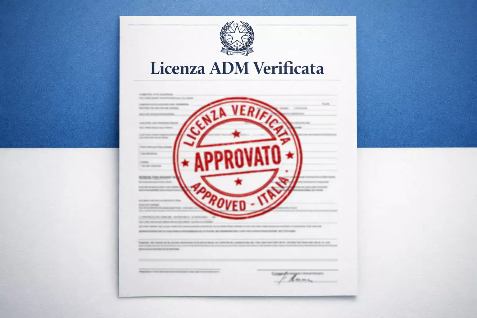 Logo ADM stilizzato su documento ufficiale con timbro di approvazione
