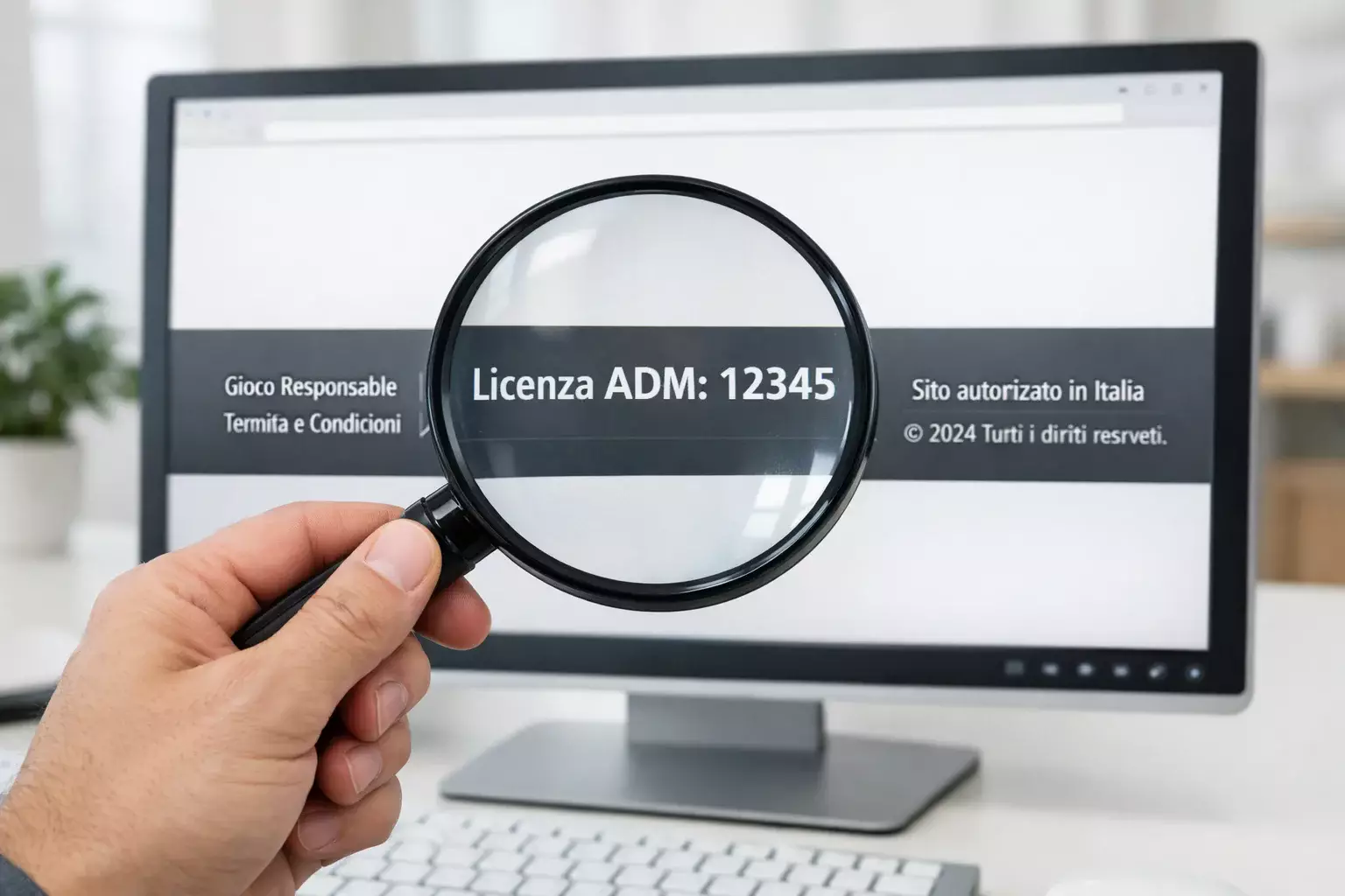 Mano con lente di ingrandimento su schermo computer che mostra sito