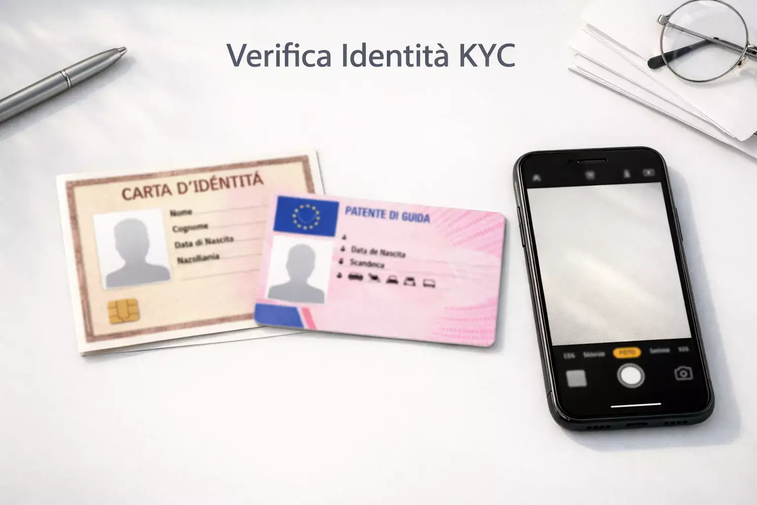 Documenti di identità generici su scrivania con smartphone accanto