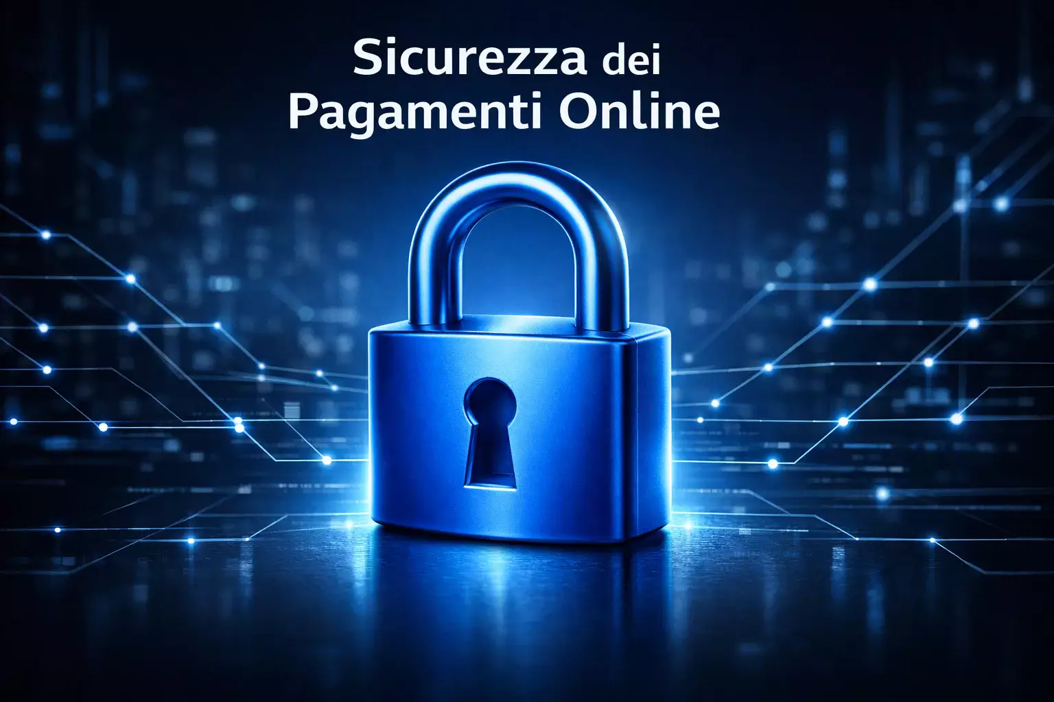 Lucchetto digitale brillante su sfondo tecnologico blu con connessioni