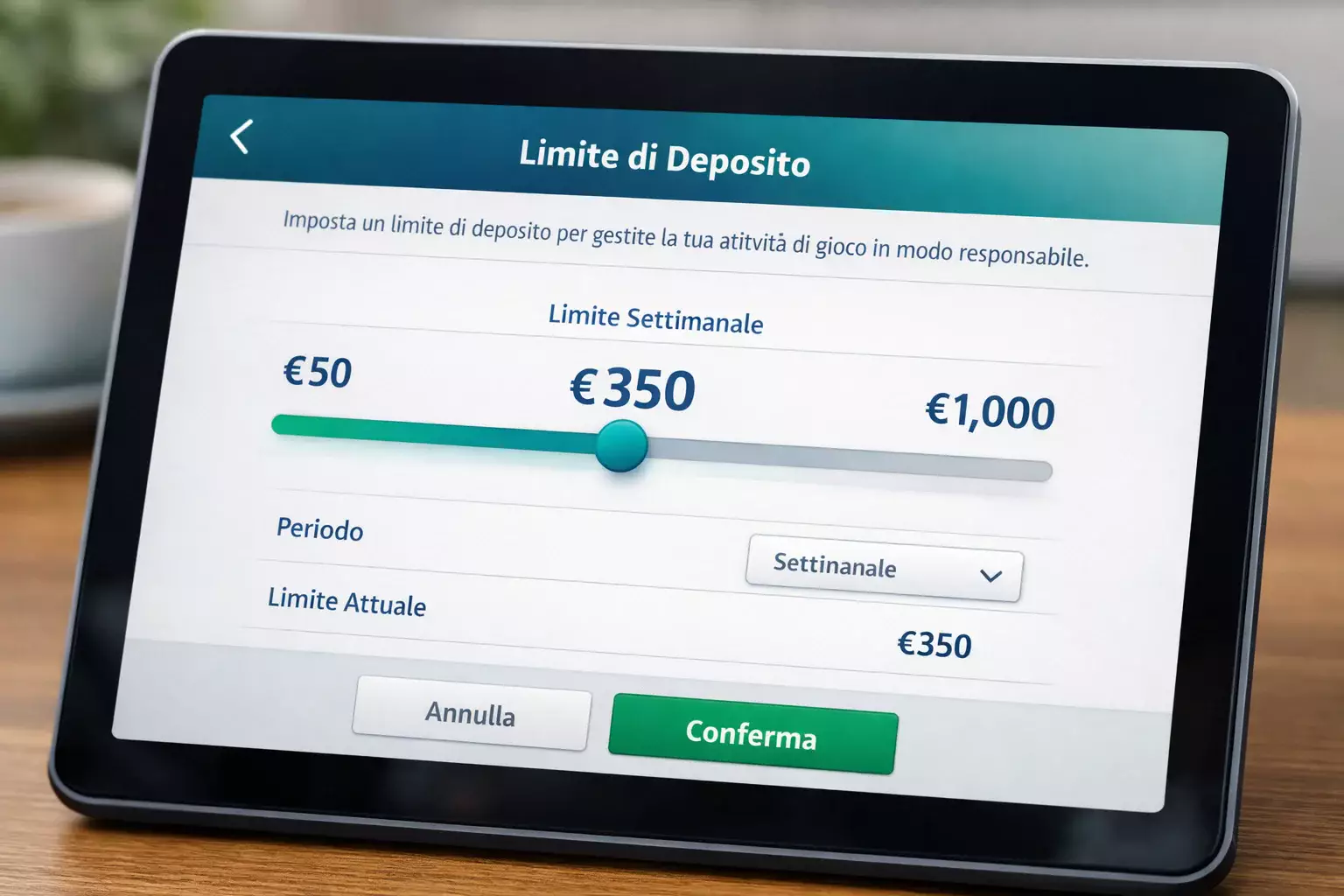 Pannello impostazioni con slider per limiti di deposito visibili