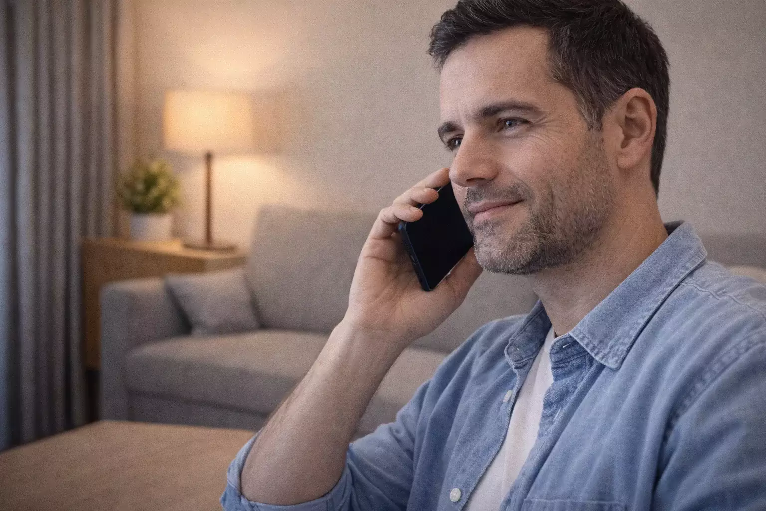 Persona che parla al telefono con espressione serena, riceve supporto