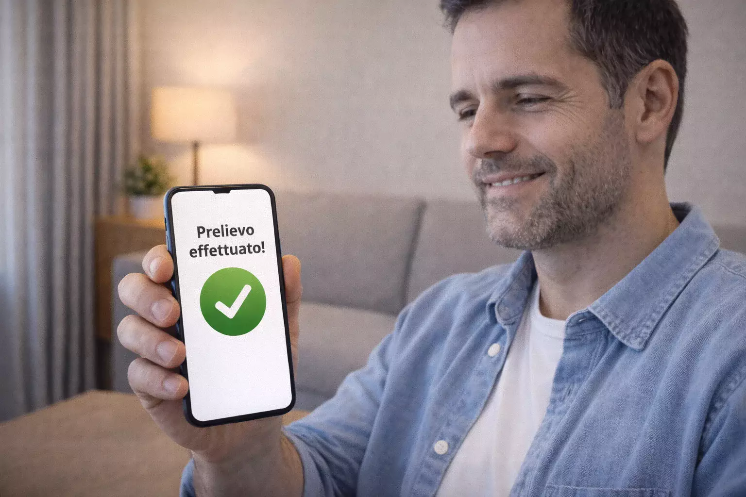 Persona soddisfatta che controlla notifica positiva su smartphone