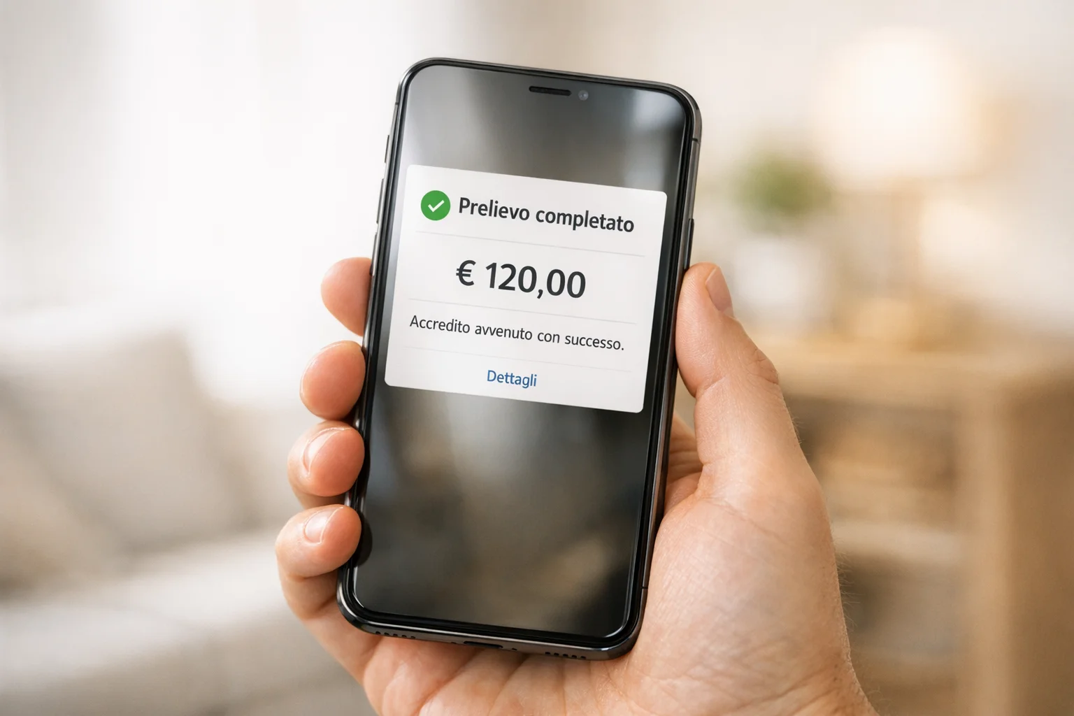 Notifica su smartphone che mostra prelievo completato con successo