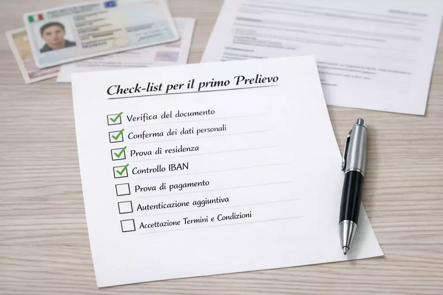 Checklist documenti con spunte verdi, preparazione completa