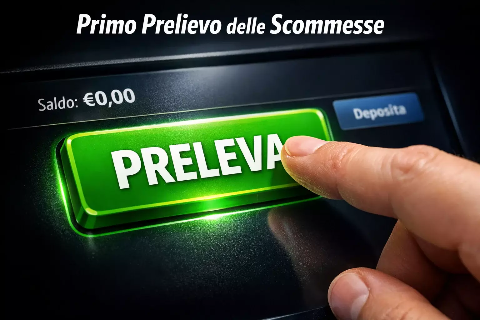 Mano che preme pulsante PRELEVA verde su touchscreen moderno