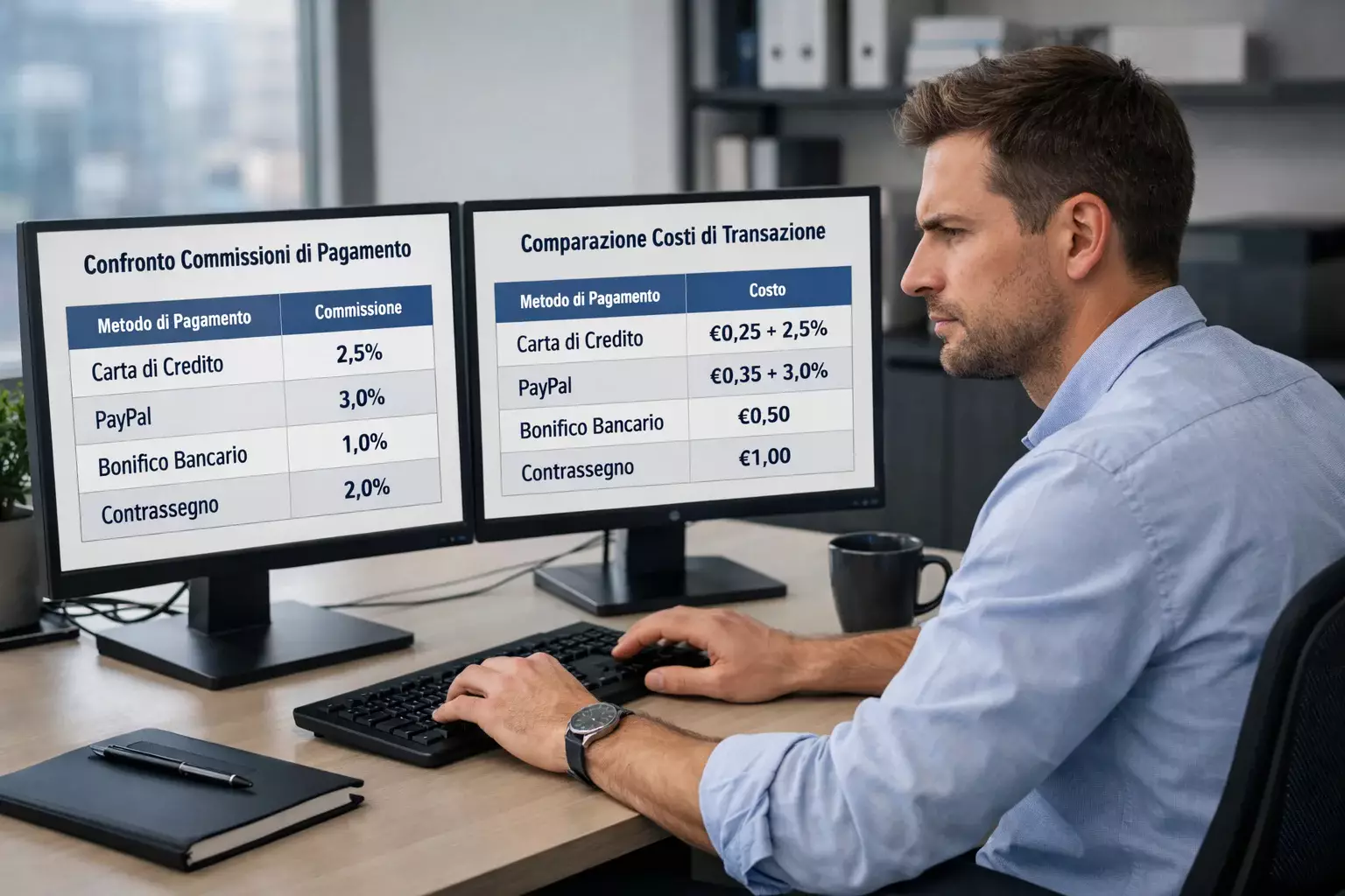 Persona che confronta opzioni su due schermi affiancati