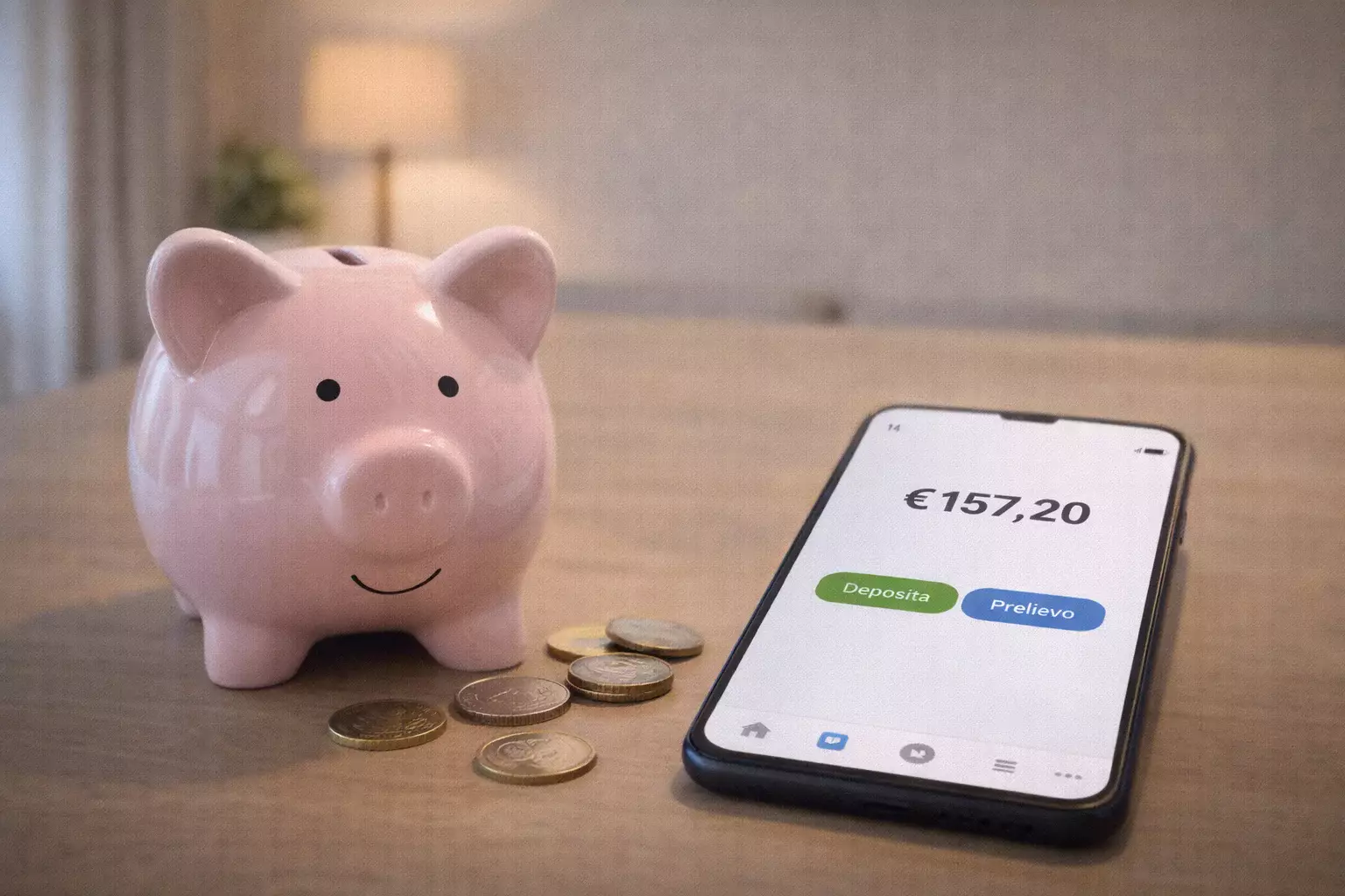 Salvadanaio con monete accanto a smartphone, concetto risparmio