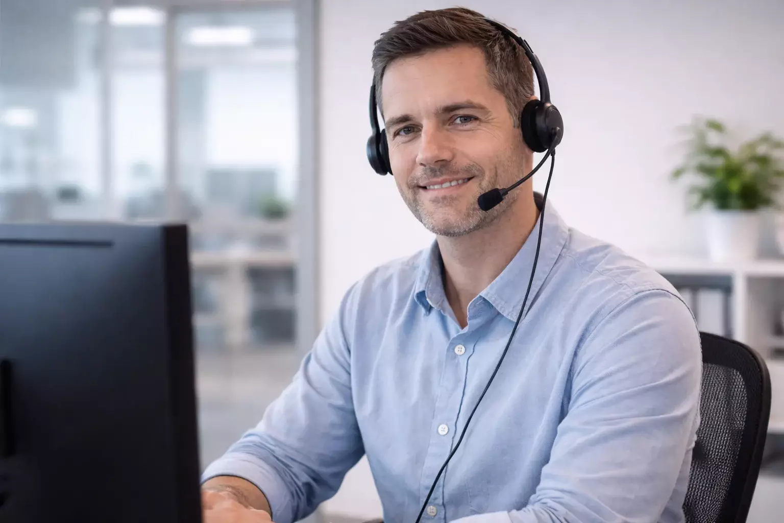 Operatore assistenza clienti con cuffia che sorride, supporto disponibile