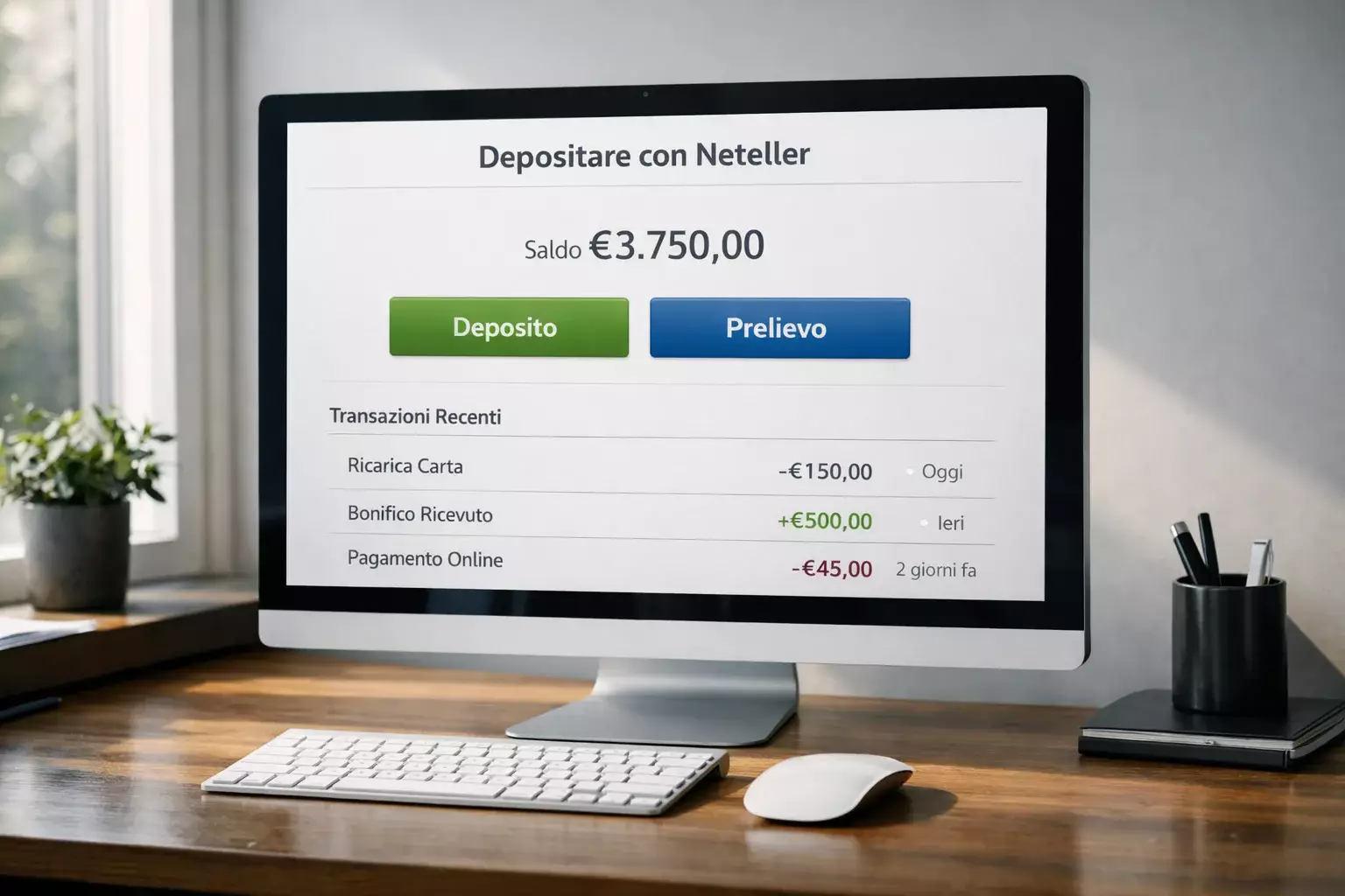 Interfaccia di portafoglio digitale su schermo computer moderno, ambiente ufficio professionale