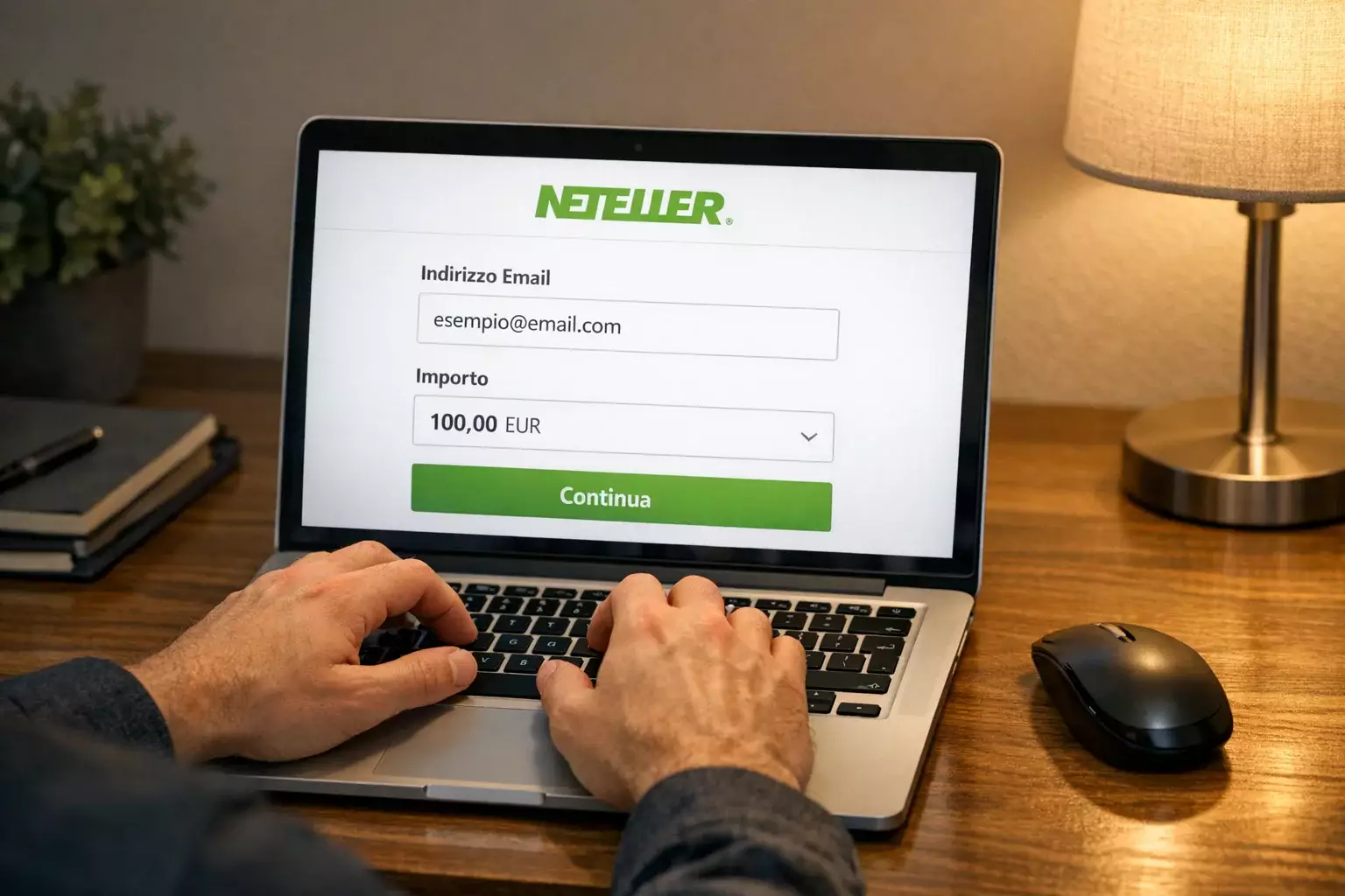 Mani che digitano su tastiera laptop con pagina di pagamento aperta e form compilato