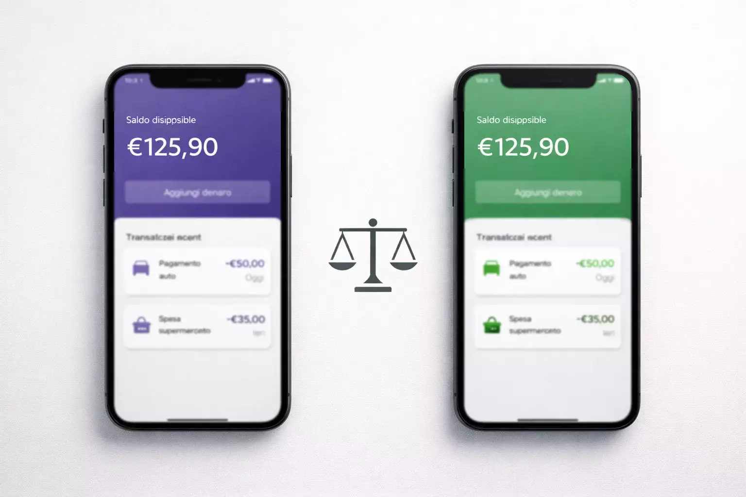 Due schermi affiancati con interfacce e-wallet diverse, confronto visivo chiaro