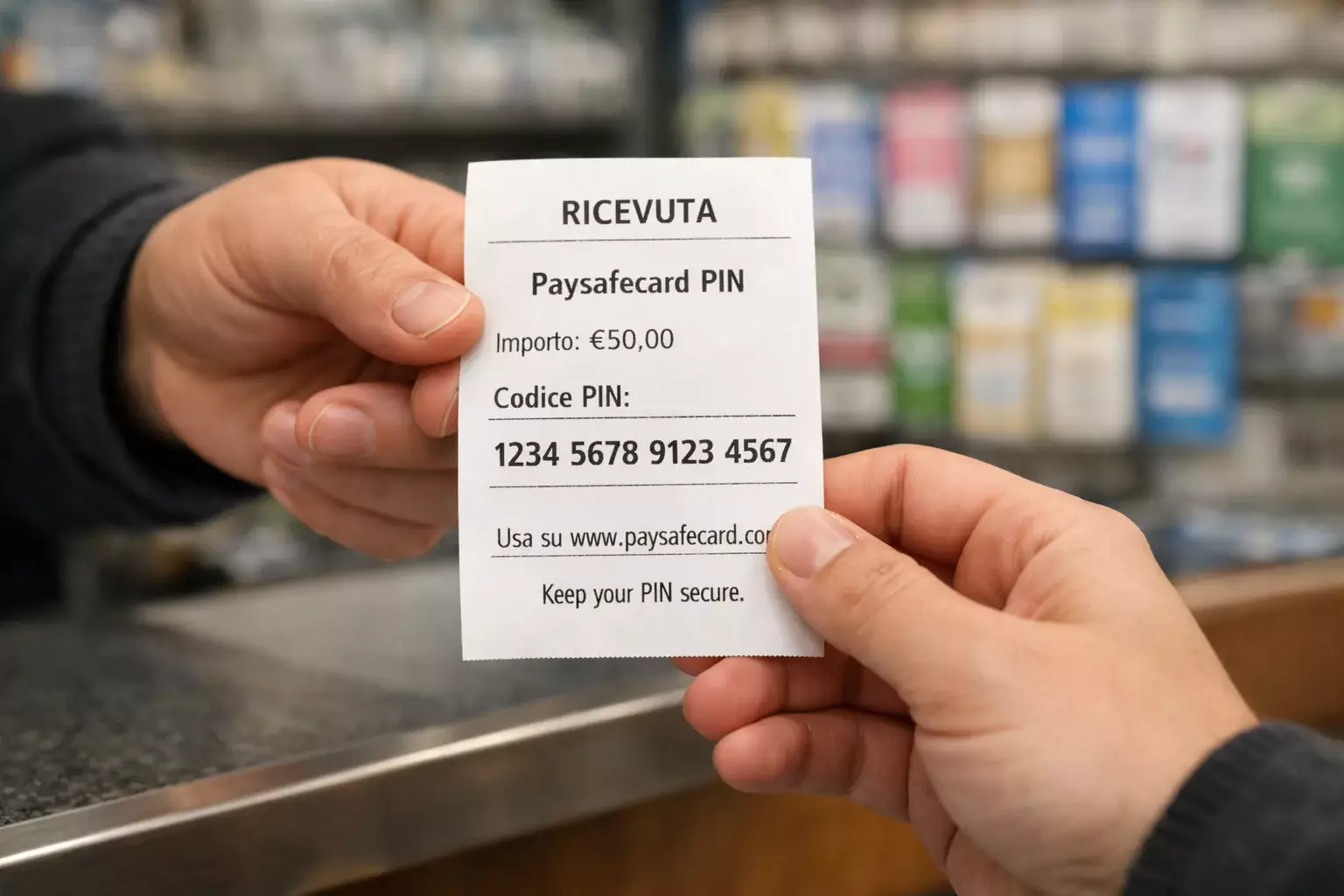 Mano che riceve scontrino con codice da cassiere, interno tabaccheria con espositori
