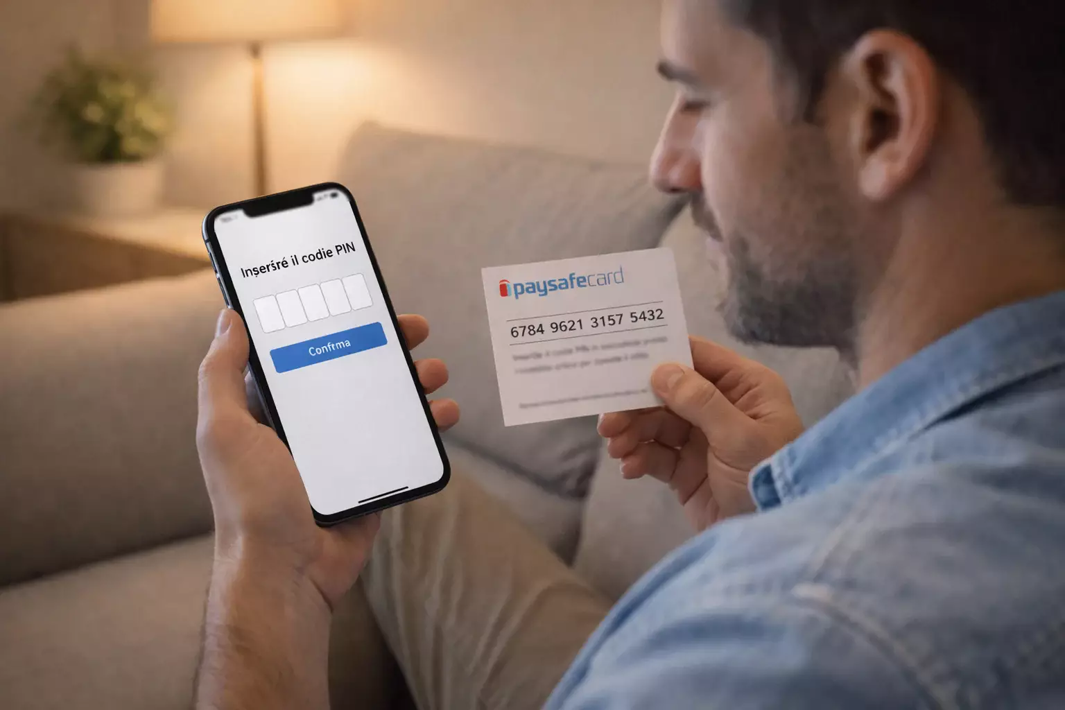 Persona che inserisce codice numerico su smartphone, espressione concentrata, privacy