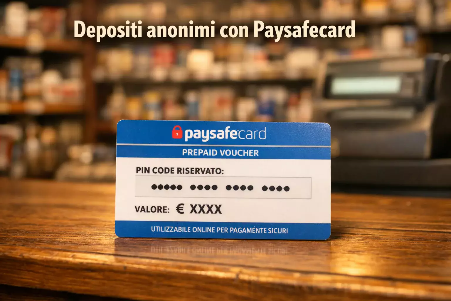 Voucher prepagato con codice PIN su bancone di tabaccheria italiana, sfondo sfocato di negozio