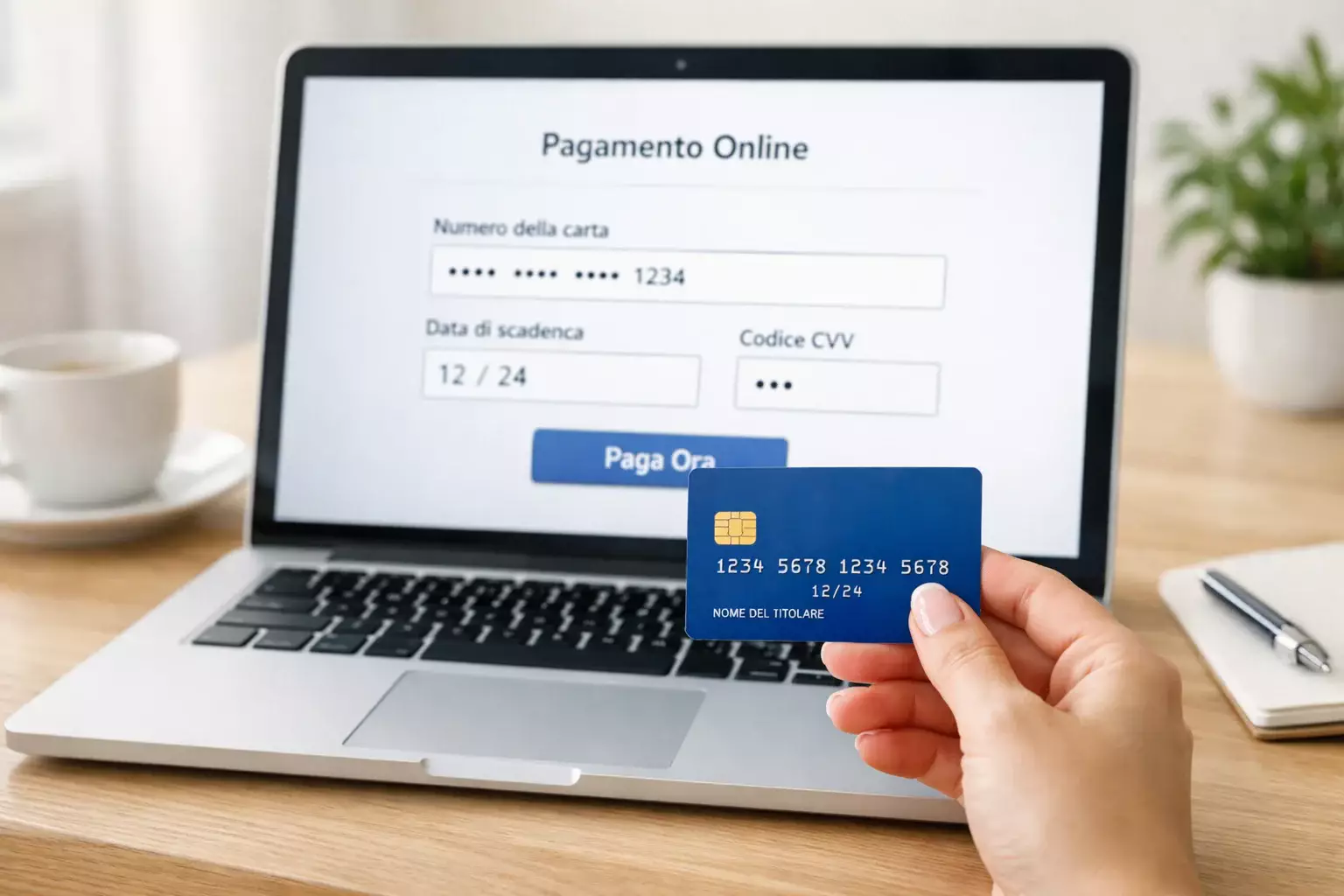 Mano che tiene carta di credito davanti a laptop con form di pagamento sicuro aperto