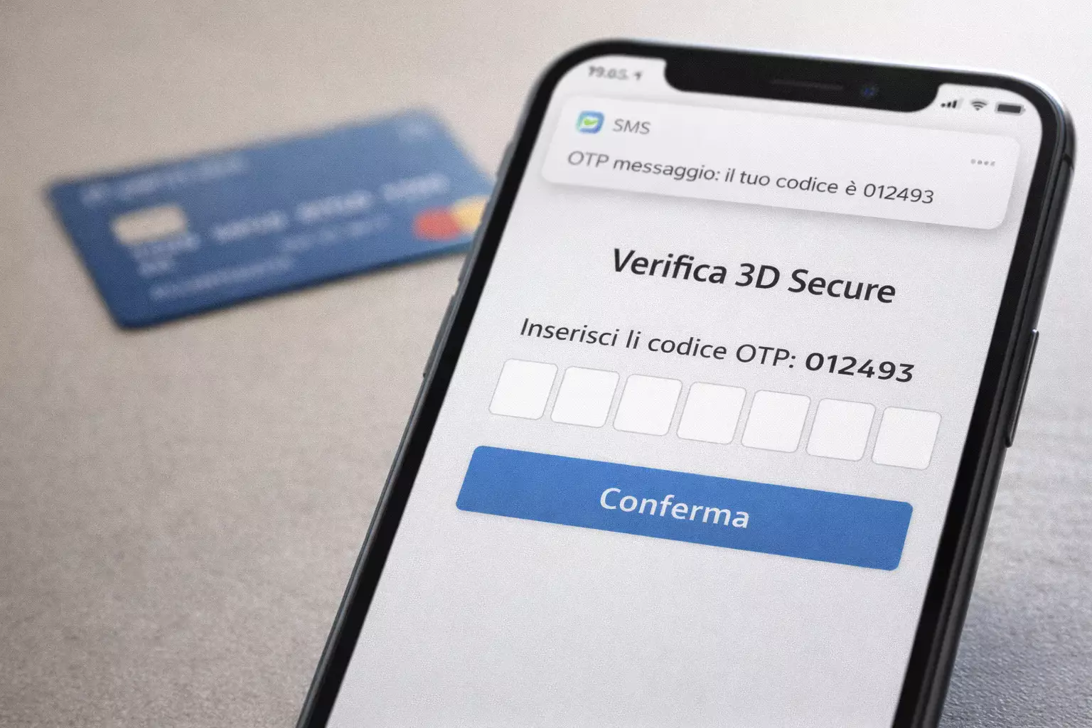 Schermata di autenticazione 3D Secure su smartphone con codice OTP, protezione visibile