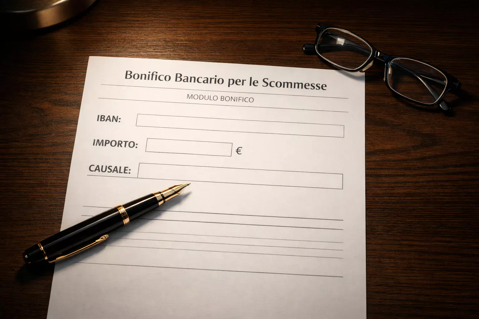 Documento bancario con penna stilografica su scrivania professionale in legno scuro