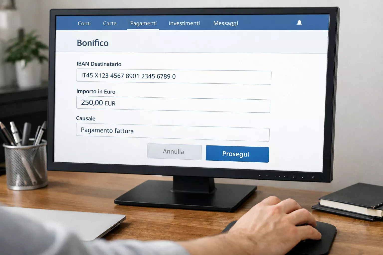 Schermata home banking con bonifico in elaborazione, interfaccia pulita e moderna