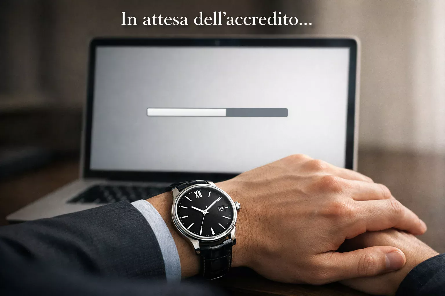 Orologio da polso elegante su polso di persona al computer, concetto di attesa paziente