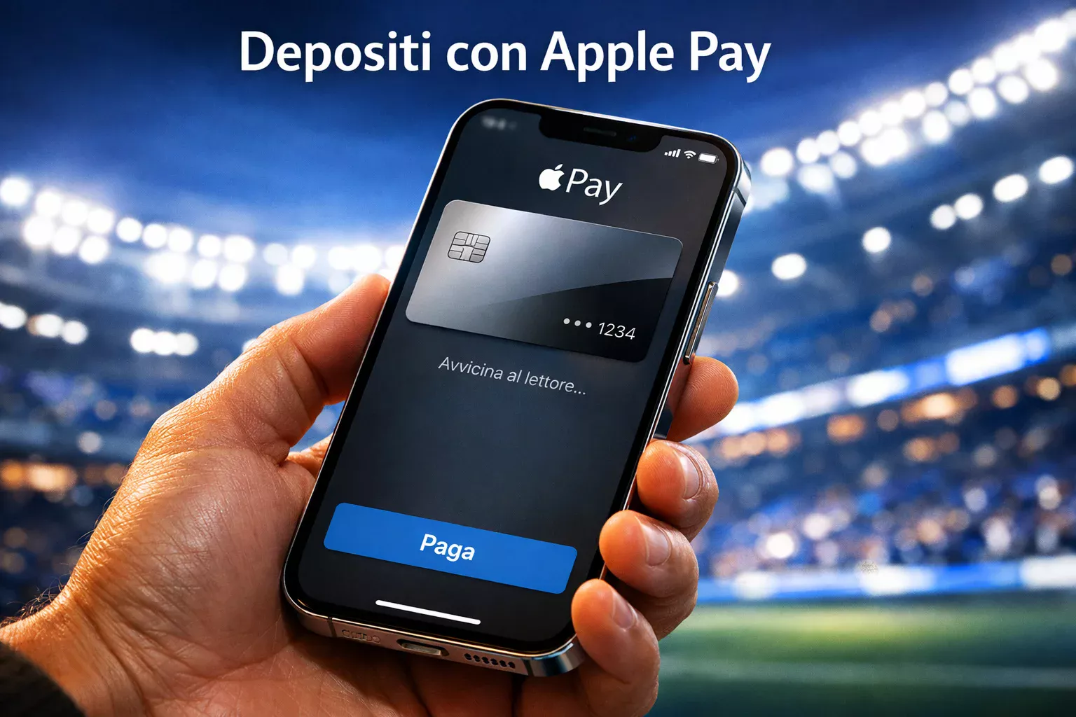iPhone con Apple Pay attivo su schermo, sfondo sfocato di evento sportivo con luci