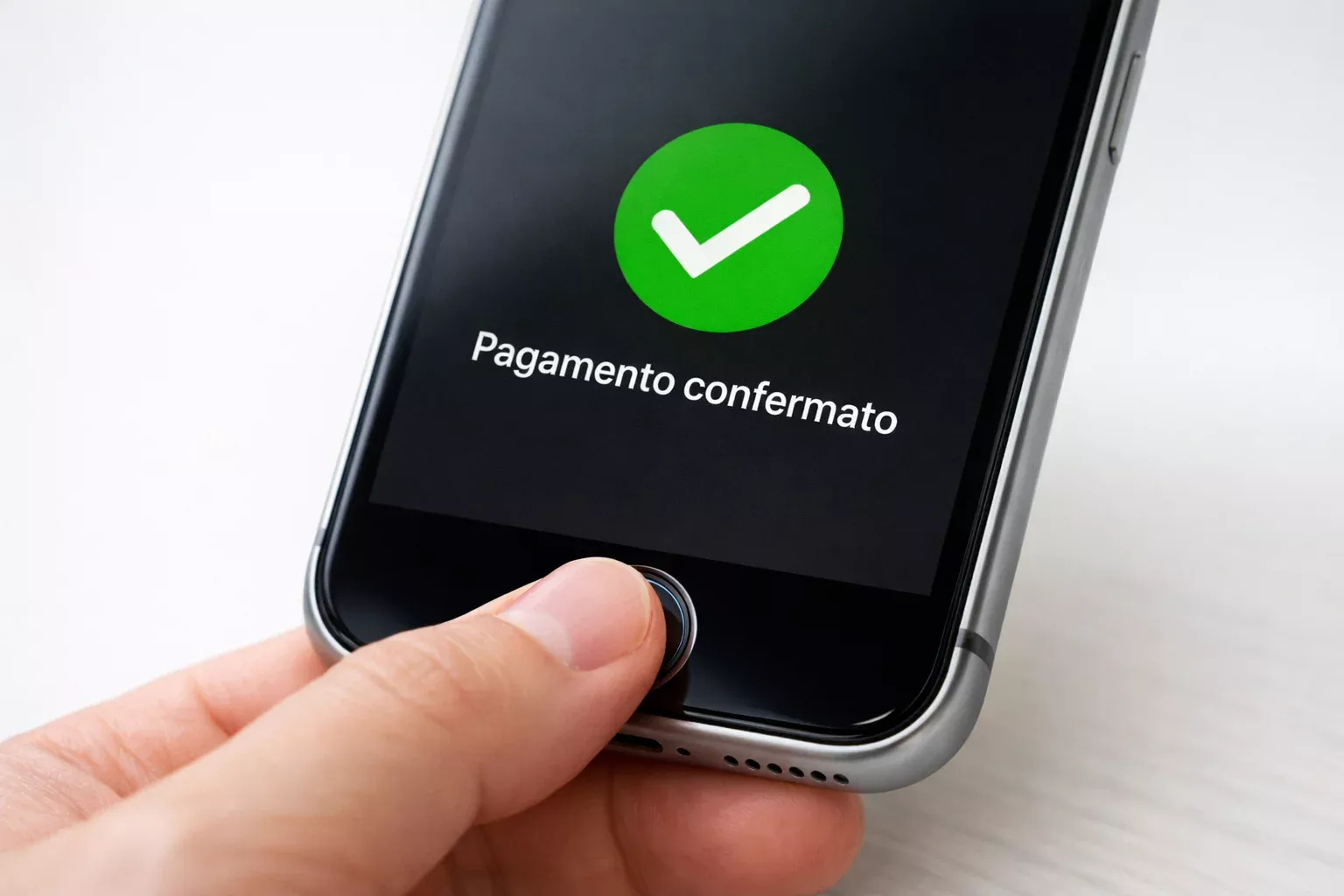 Dito su sensore Touch ID di iPhone con schermata di conferma pagamento verde